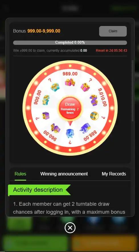 Y999 Game Mega Jackpot Spin Wheel (Rs 999 - Rs 9,999)